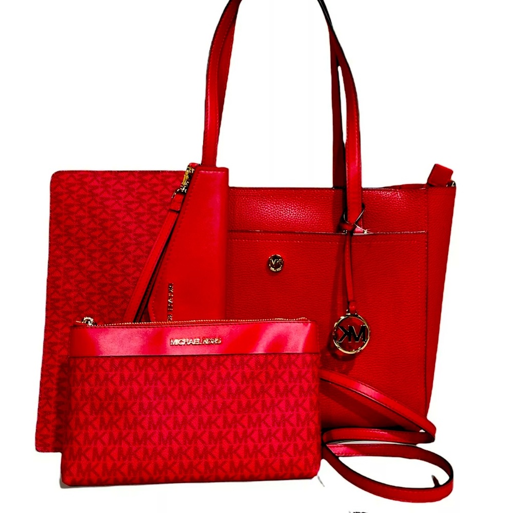 Michael Kors Maisie 3 in 1 Tote Large Leather Bag Flame Red - Picture 8 of 13